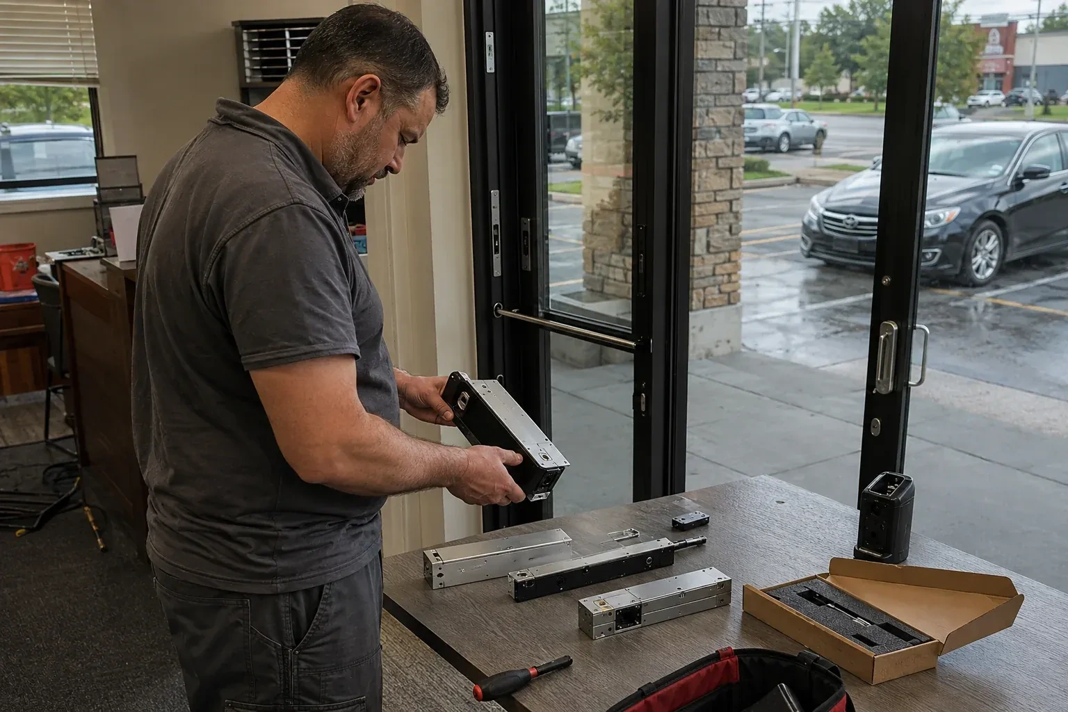 Person holding a rectangular door-hardware housing at a table with additional metal assemblies beside a glass entrance. — Access Control Installation, Wasaga Beach