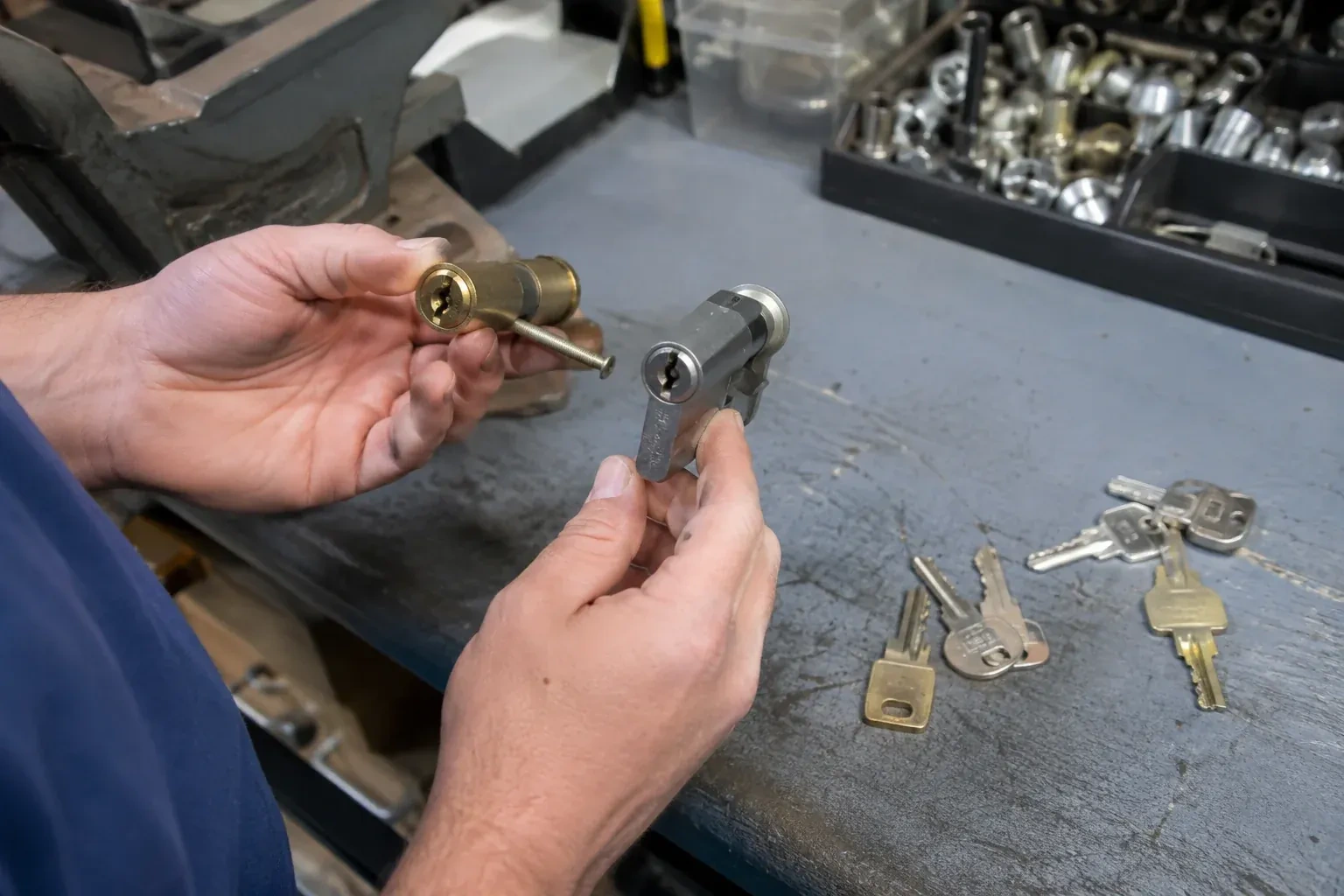 Hands comparing detached lock cylinders beside loose keys on a workbench. — Broken Key Extraction, Wasaga Beach