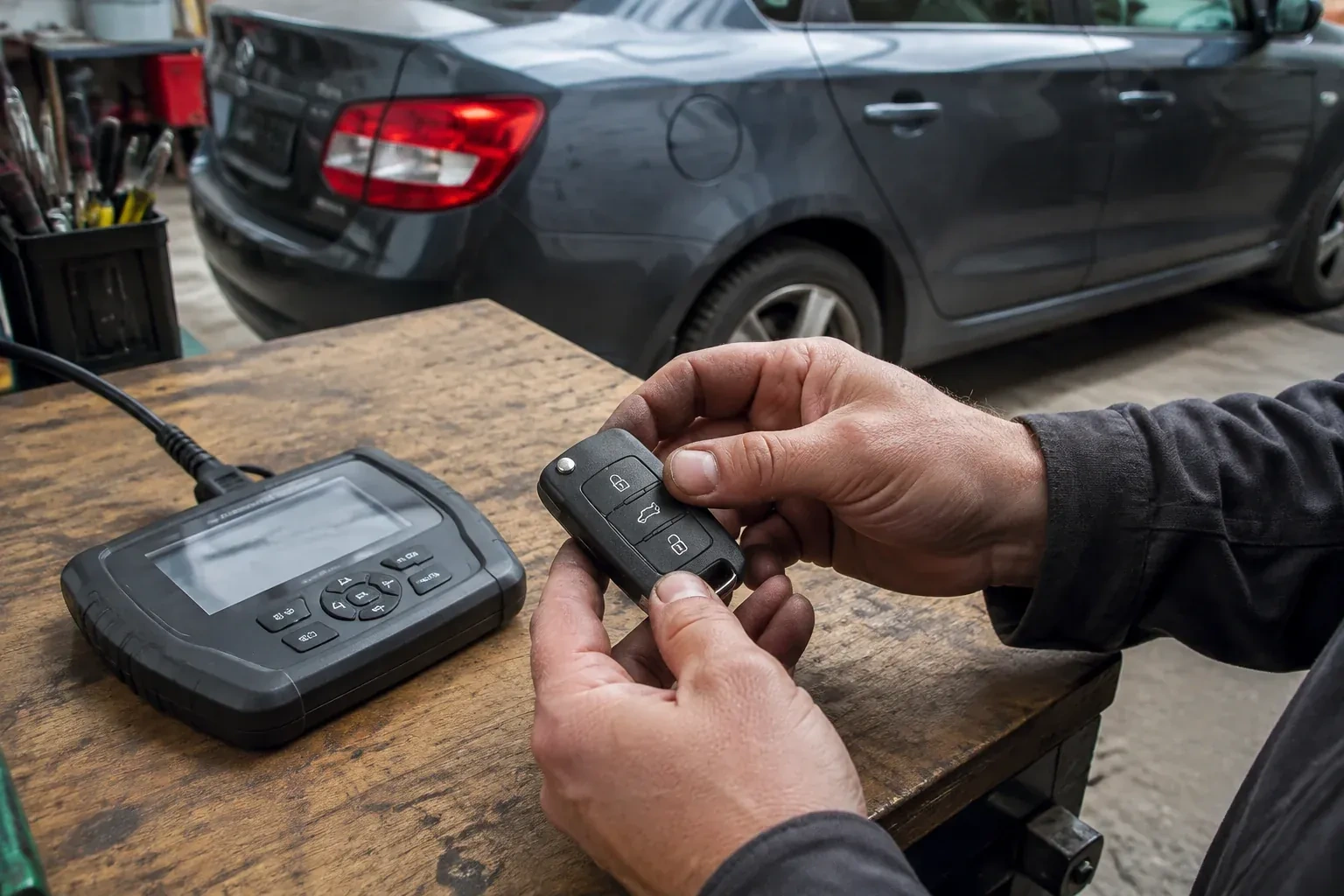 Hands holding a black car key fob above a workbench, beside a wired handheld device with a screen. — Car Key Replacement, Wasaga Beach