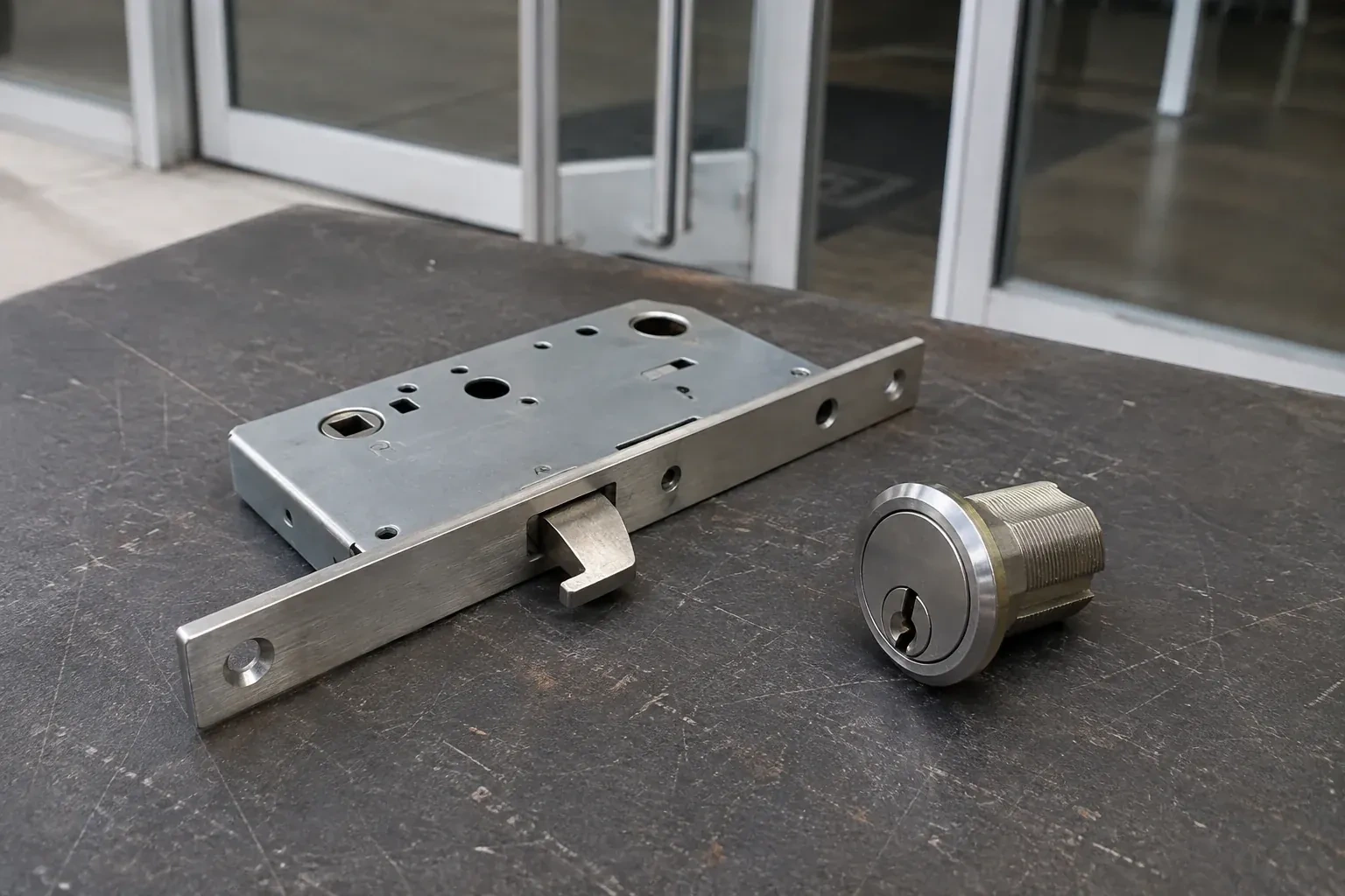Detached mortise lock body with a projecting hook-shaped bolt beside a threaded cylinder. — Commercial-Grade Lock Replacement, Wasaga Beach