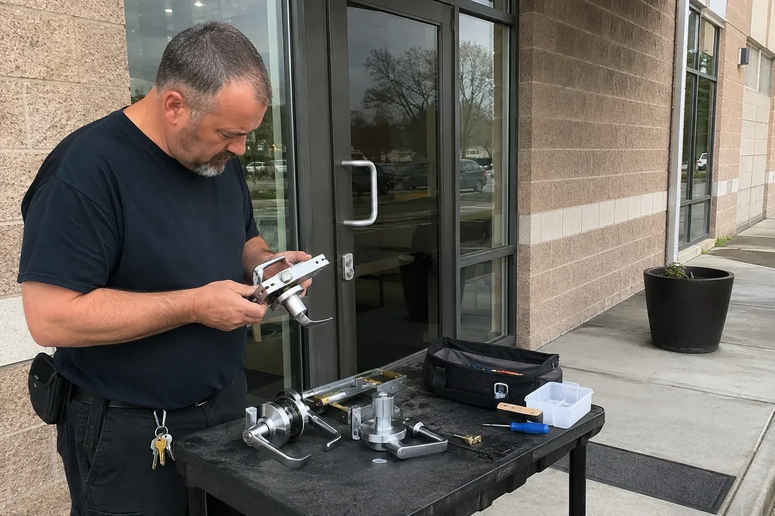 Person holding a door-handle and latch assembly at a worktable outside a glass entrance, with additional handles and tools laid out. — Commercial Rekeying, Wasaga Beach