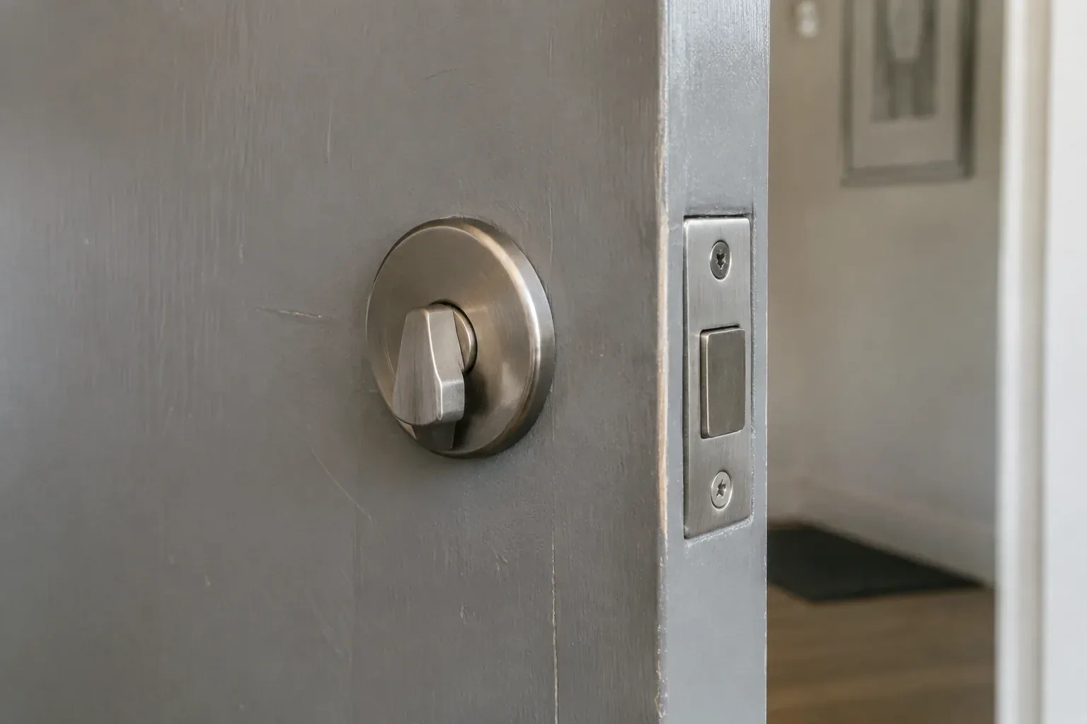 Close view of a satin-nickel deadbolt thumbturn and edge faceplate on a painted timber door. — Deadbolt Installation, Wasaga Beach