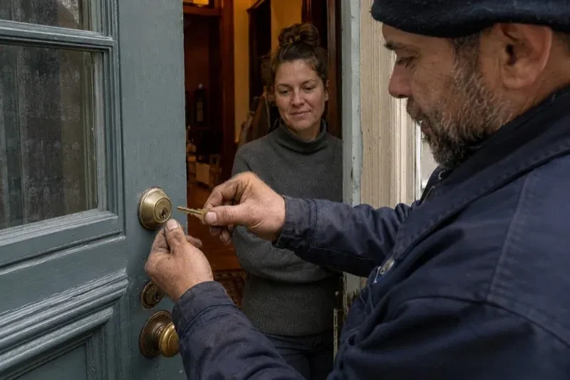 Person holding a key beside a brass-colored deadbolt on an open painted door while another person watches from inside. — Home Lockout Service, Wasaga Beach