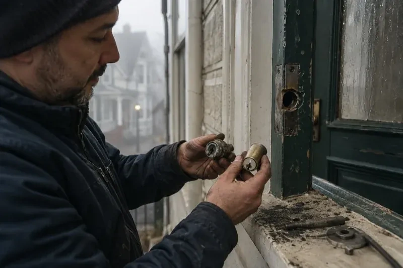 Person holding two lock cylinders beside an open painted door, with loose hardware and debris on the sill. — Seized & Jammed Lock Opening, Wasaga Beach