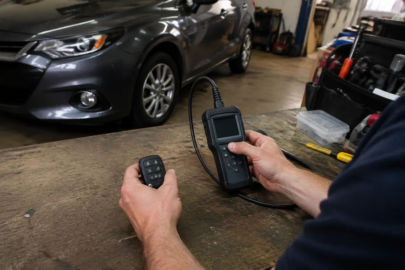 Hands holding a car-key fob and a small wired electronic device above a workbench in a garage with a parked car. — Key Fob Programming, Wasaga Beach