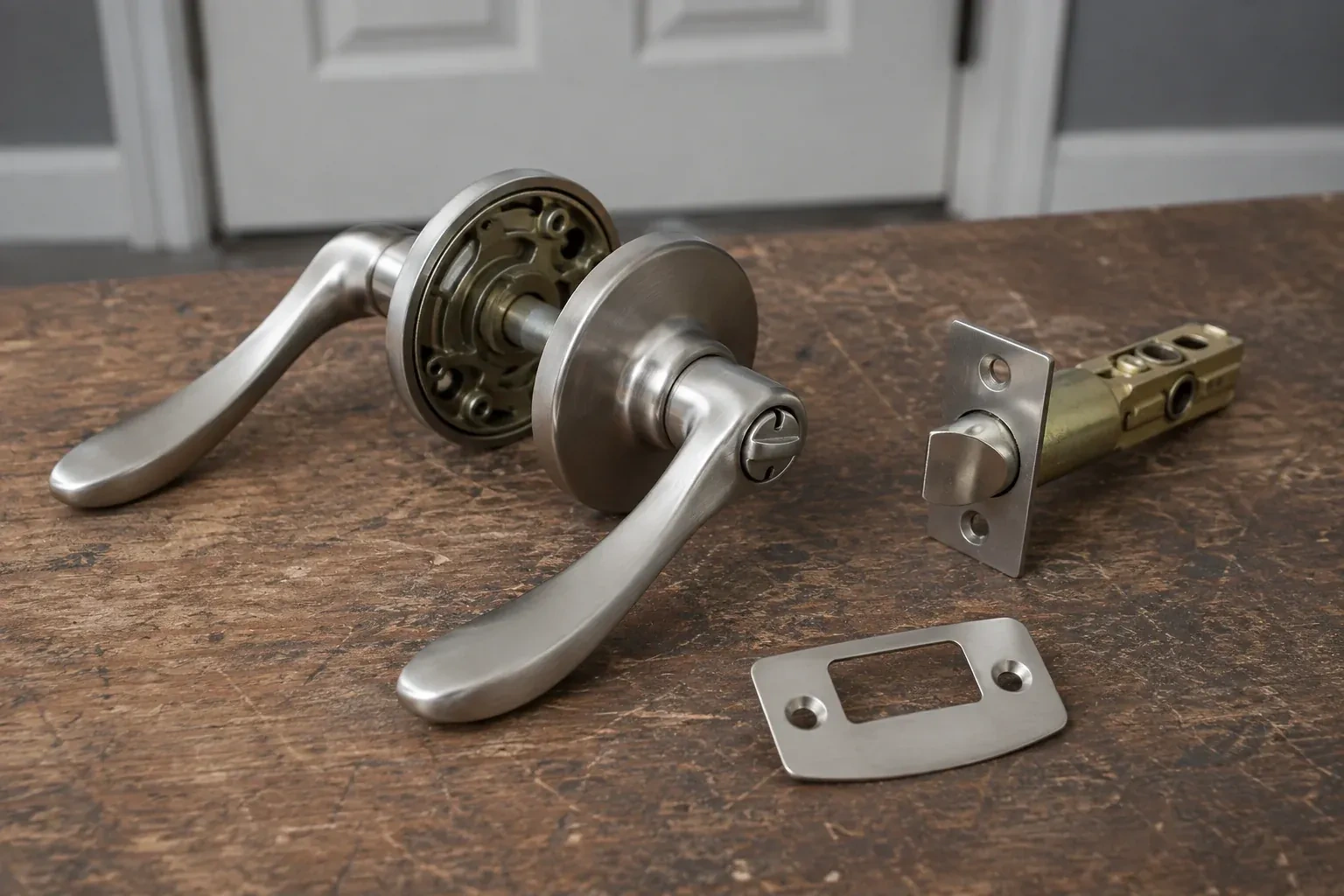 Detached satin-nickel lever hardware, tubular latch and strike plate on a wooden workbench. — Lock Replacement & Upgrade, Wasaga Beach