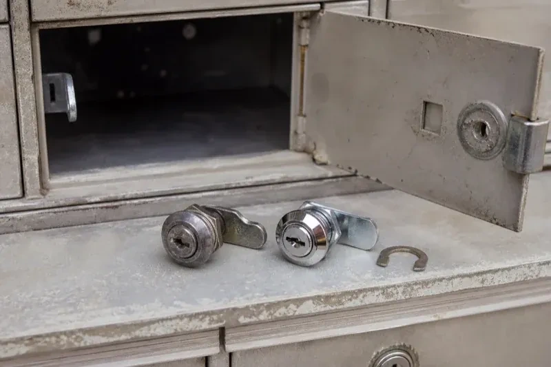 Two loose cam locks and a retaining clip resting below an open metal mailbox compartment. — Mailbox Lock Replacement, Wasaga Beach