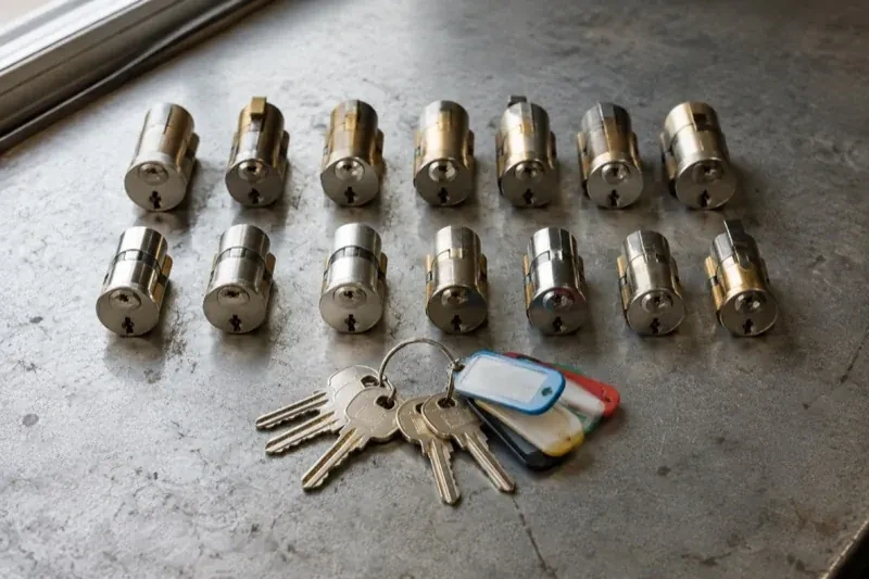 Two rows of lock cylinders on a metal surface with keys and colored key tags in front. — Master Key System Design, Wasaga Beach