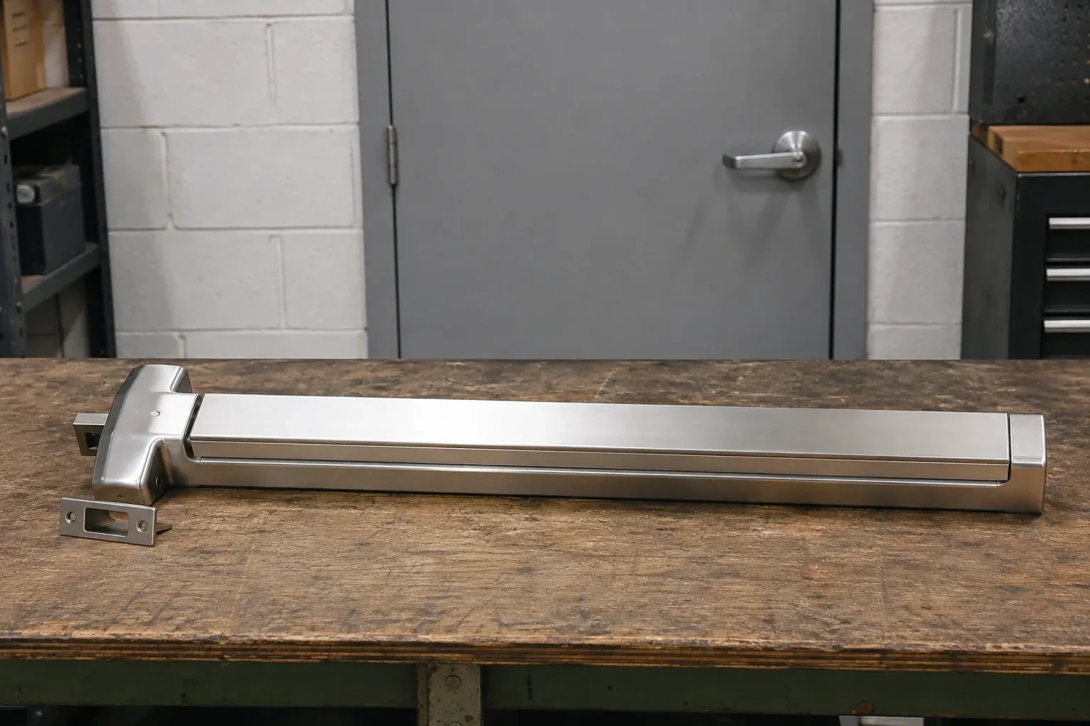 Detached horizontal exit device and separate strike component on a workshop bench. — Panic & Exit Hardware, Wasaga Beach
