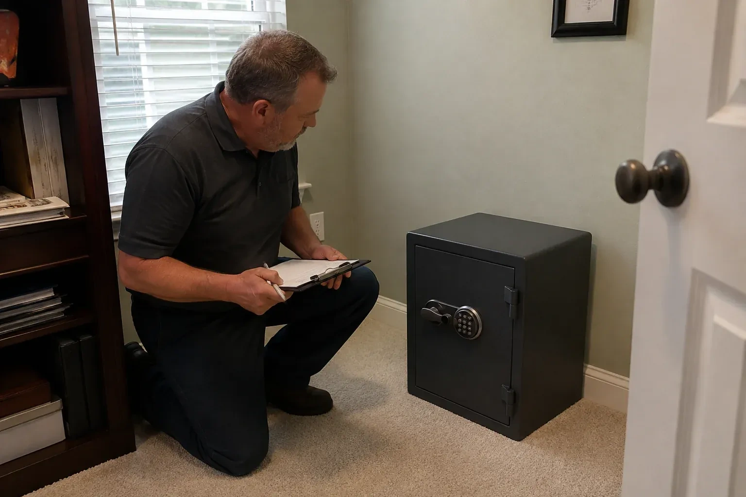 Person holding a clipboard beside a closed black safe with a circular keypad in a carpeted room. — Safe Installation & Servicing, Glen Huron