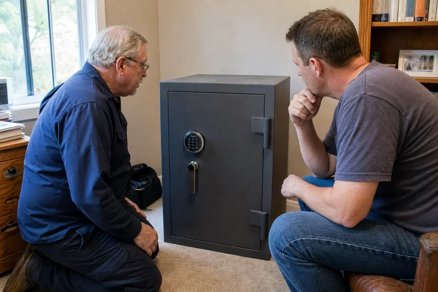 Two adults discussing a closed keypad safe in a home study. — Safe Opening & Combination Change, Wasaga Beach