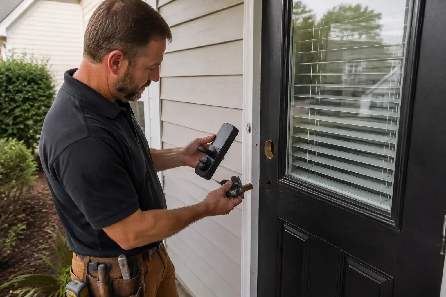 Person holding a black door-handle assembly and a latch beside a glazed door with exposed lock openings. — Smart Lock Installation, Wasaga Beach
