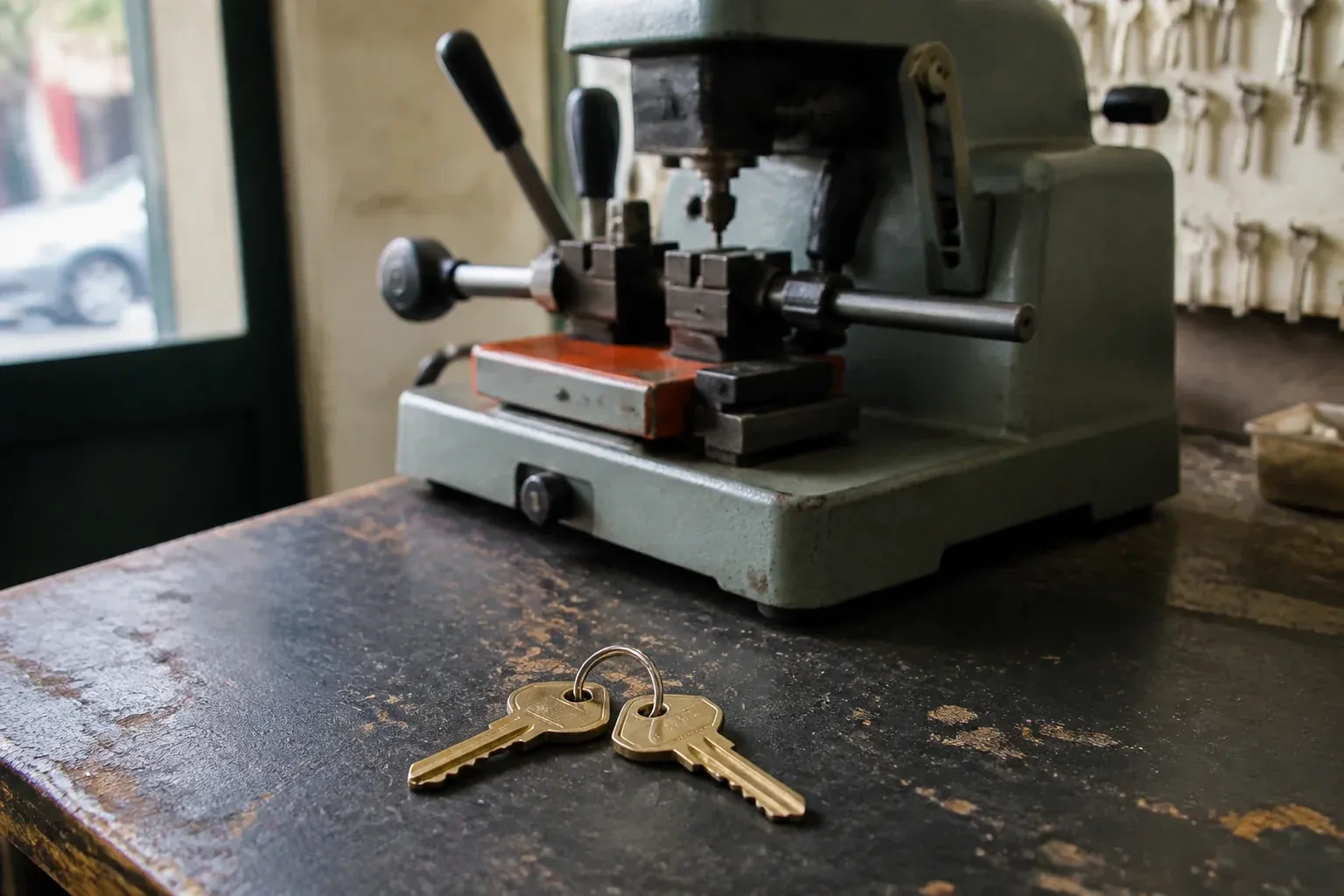Two brass house keys on a ring resting on a workshop counter. — Spare Car Key Duplication, Wasaga Beach