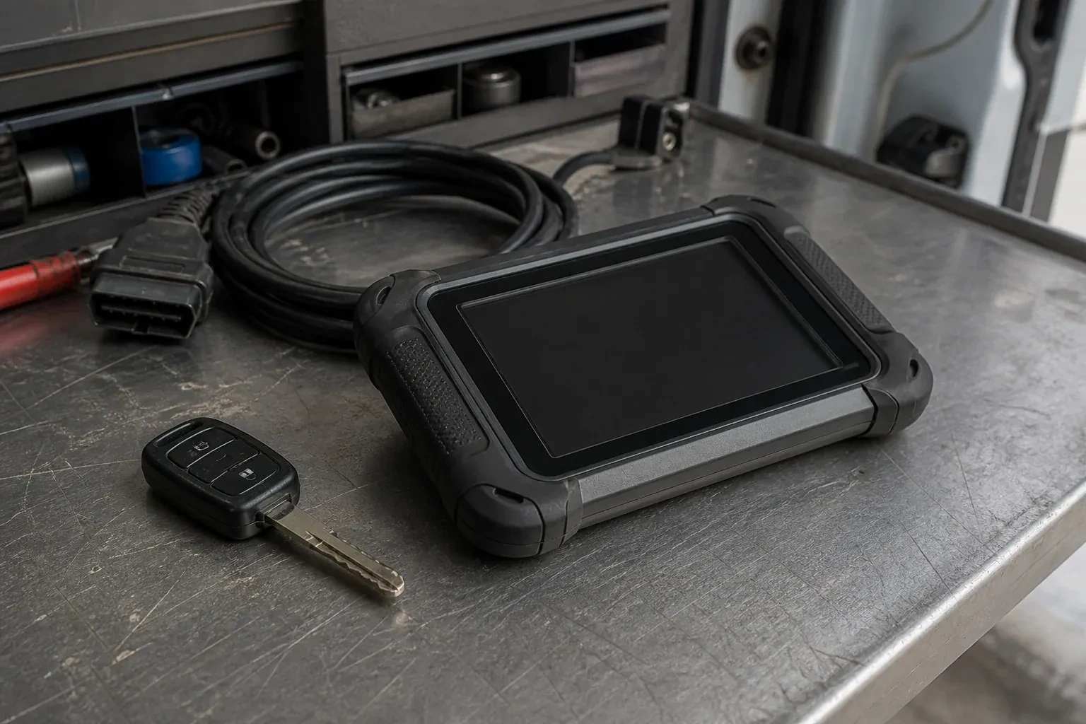Vehicle key beside a dark diagnostic tablet and coiled connector cable on a workbench. — Transponder Key Programming, Wasaga Beach