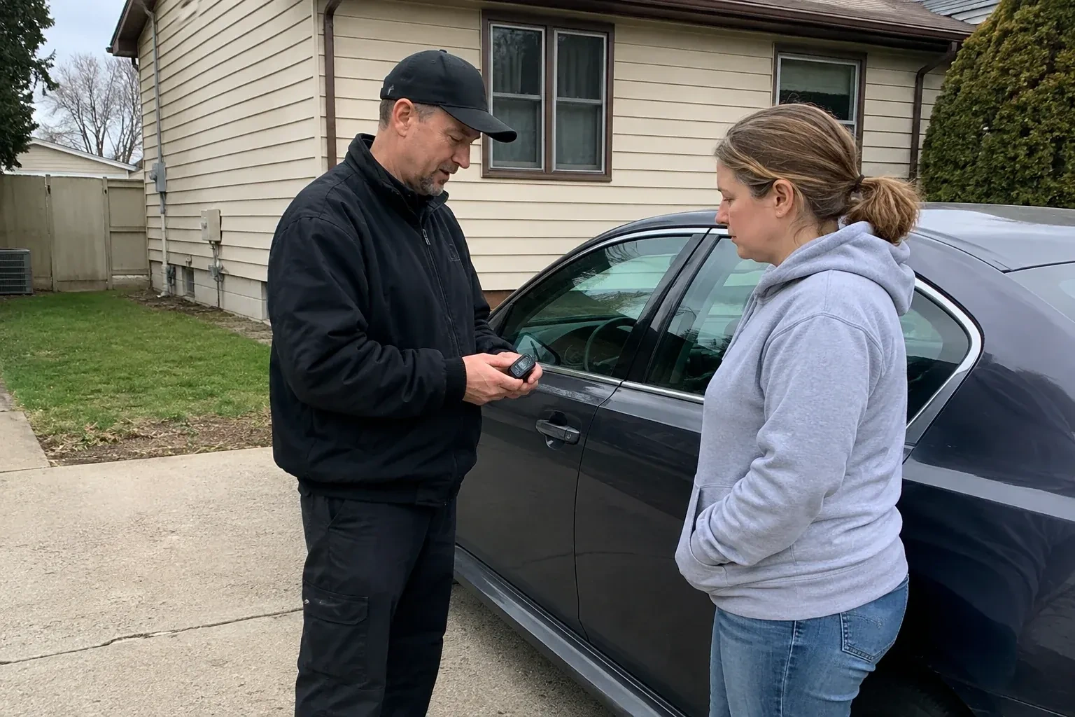 Two people standing beside a parked sedan, one wearing a cap and holding a small black device. — Vehicle Lock Repair, Wasaga Beach
